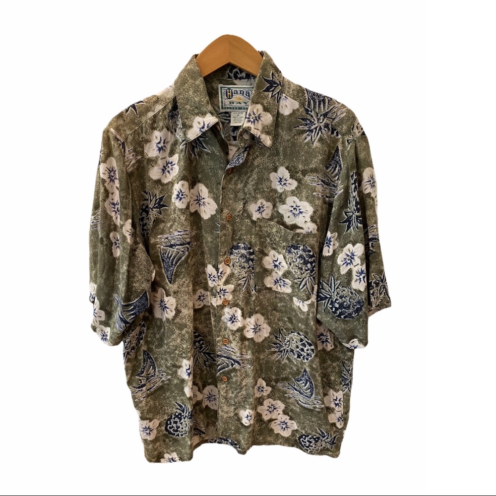 Retro Hana Bay Mens Hawaiian Floral Shirt Green Blue M Button Down Luau